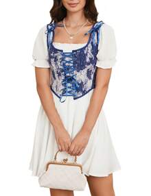 Women's Vintage Floral Corset Lace-Up Fishbone Print Vest Renaissance Pirate Costume - 寶藍色 - 查看 1