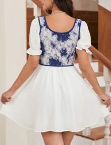 Women's Vintage Floral Corset Lace-Up Fishbone Print Vest Renaissance Pirate Costume - 寶藍色 - 查看 2