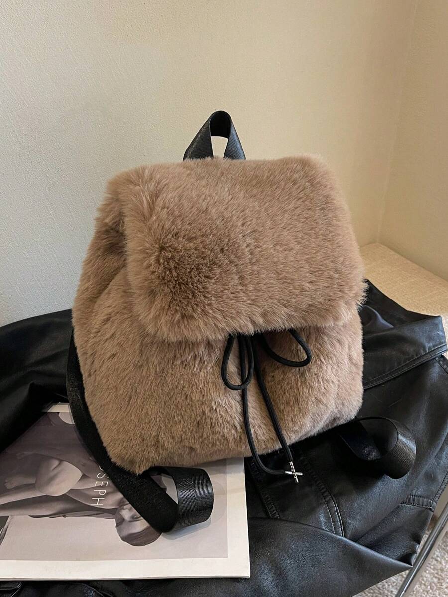 New Fuzzy Backpack Winter, Casual Flip-Top Two-Way Shoulder Bag, Furry Solid Color Sling Bag, School Backpack
