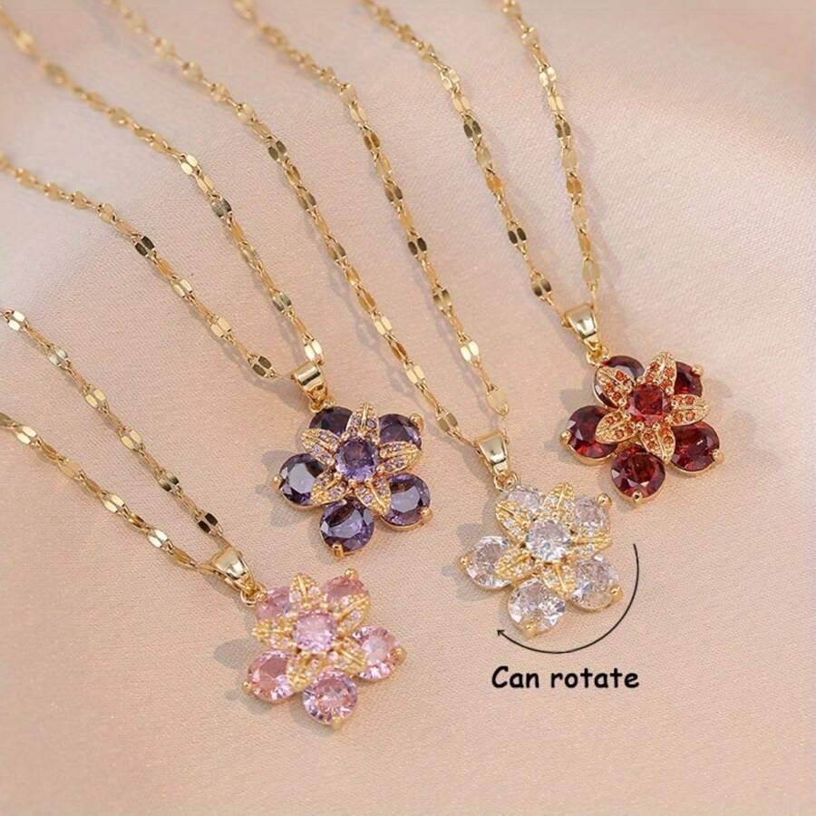 1 chiếc vòng cổ mặt dây chuyền thanh lịch thiết kế hoa xoay sang trọng thời trang Hàn Quốc đính đá Cubic Zirconia, phong cách công chúa, hoàn hảo cho cô dâu, quà cưới và đính hôn - trắng - Xem 1