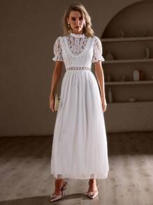 Simplee Women Lace Patchwork Hollow Out Dress - White - View 1