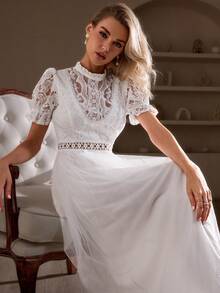 Simplee Women Lace Patchwork Hollow Out Dress - White - View 6