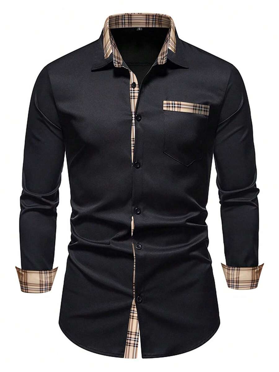 Men's Casual Business Plaid Patchwork Long Sleeve Button-Down Shirt, Spring & Autumn, Fall - Black - View 1