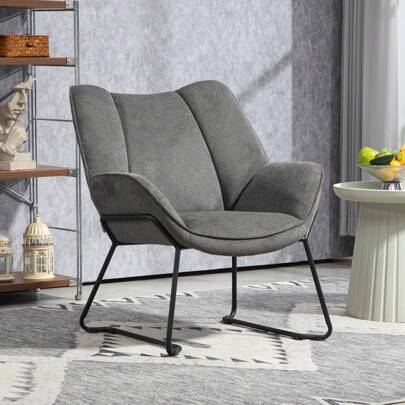 HOMCOM Poltrona d'Arredo Imbottita con Braccioli Inclinati, Poltrona da Soggiorno in Tessuto Effetto Lino e Acciaio, 71.5x67x79 cm, Grigio