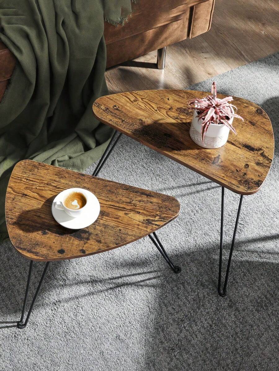 VASAGLE Lot de 2 Tables basses gigognes, style industriel, 60 x 38 x 47,5 cm, 52 x 31,5 x 42,5 cm, Marron Rustique et Noir LNT012B01 - Tabac - Voir 1