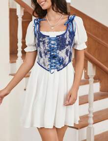 Women's Vintage Floral Corset Lace-Up Fishbone Print Vest Renaissance Pirate Costume - 寶藍色 - 查看 6