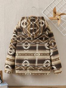 Tween Boy Geometric Pattern Thermal Lined Long Sleeve Hoodie, Style Warm Winter Sweatshirt, Children Autumn Winter Clothing