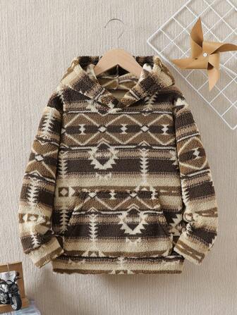 Tween Boy Geometric Pattern Thermal Lined Long Sleeve Hoodie, Style Warm Winter Sweatshirt, Children Autumn Winter Clothing