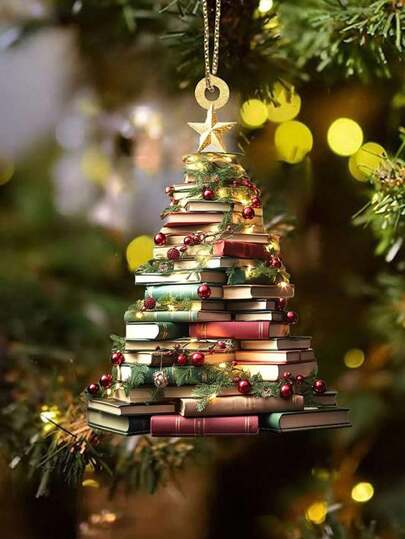 1pc Book-Themed Christmas Tree Ornament - Stacked Book Shelf Pendant With Mini Book Layers, Green & Golden Paper Bookshelf Decor For Book Lovers, Hanging Decoration For Xmas Tree, Shelf, Door. Home Decor Christmas Decorations Room Decor