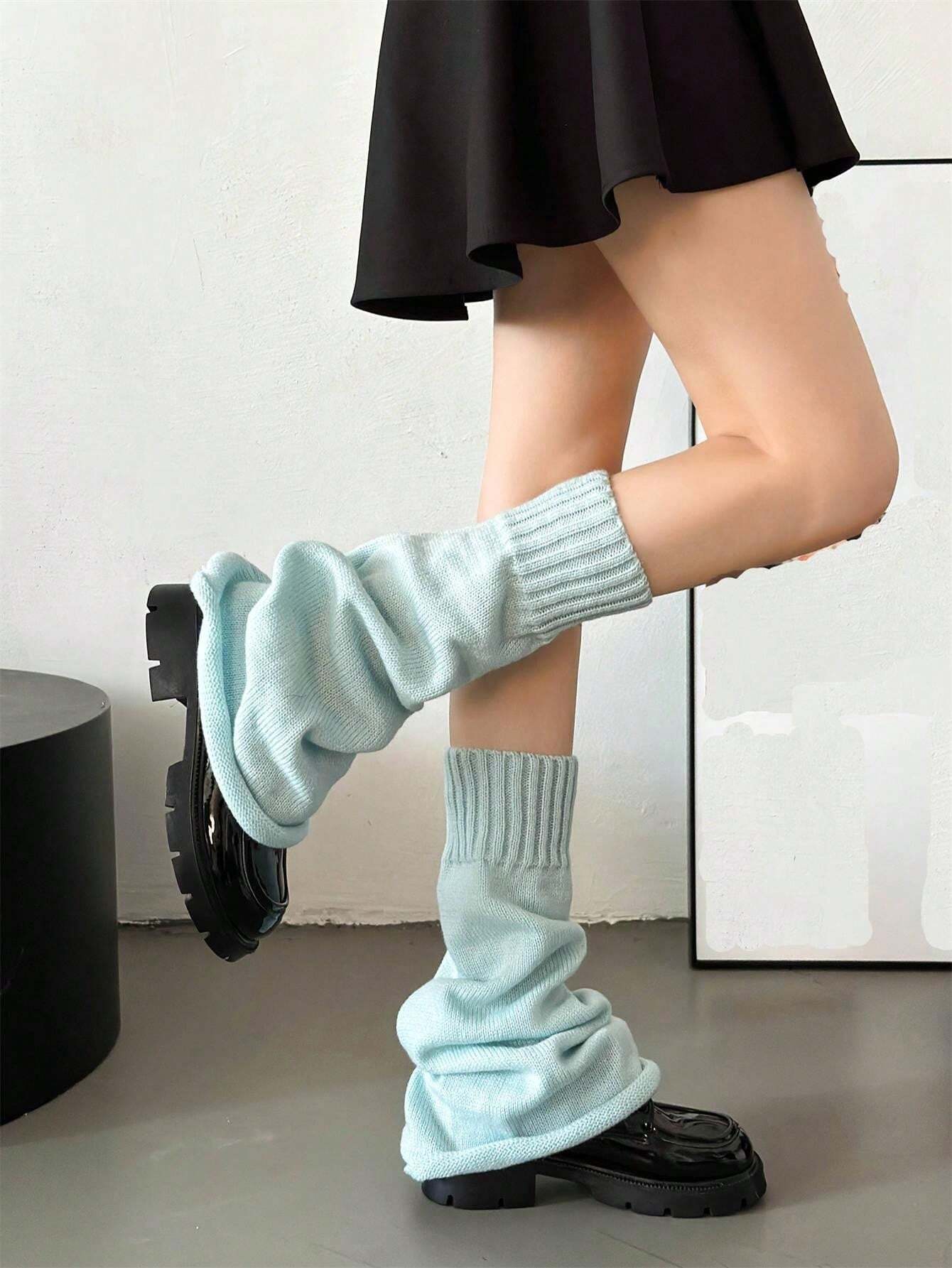 Women Knitted Blue Leg Warmers, Y2K Aesthetic Japanese School Uniform