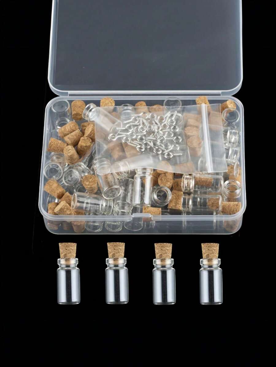 50 个迷你玻璃瓶配软木橡胶盖和 50 个螺丝眼针，DIY 小型玻璃罐礼品储物容器工艺品婚礼派对装饰品塑料盒包装 - 無色 - 查看 1