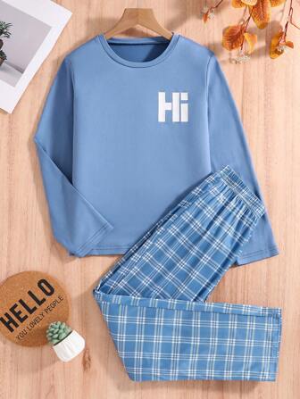 2st/set Tween Boy Letter Print Crew Neck långärmad topp och plädade långbyxor Casual outfit, höst