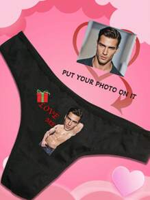 1 pieza Caja de regalo de Navidad, regalo personalizado del Día de San Valentín para novio/esposo, ropa interior de mujer con diseño sexy de tanga de cintura baja graciosa con estampado de letras en inglés, diseño elástico que realza el trasero