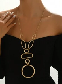 1pc Fashionable And Elegant Geometric Hollow Circle & Rectangle Splicing Long Necklace, Metal Style Jewelry For Party Dress Decoration
