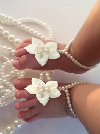 1 双手工珍珠串珠婴儿鞋、婴儿花朵脚链、女婴摄影道具、婴儿洗礼复活节礼物、男孩女孩用品