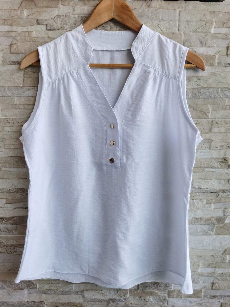 Summer Leisure Button Down Tank Top - 白色 - 查看 1