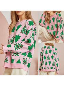 Women Comfy Sweaters Casual Warm Christmas Tree Print Long Sleeve Pullover Basic Knitwear For Fall Streetwear