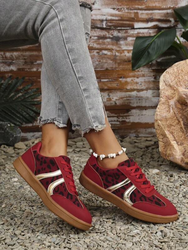 Fashionable Women 2024 Autumn New Trainers Leopard Print Color Block Thick Sole Casual Sneakers