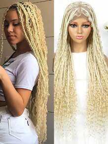 36-Inch Long Boho Braided Wigs, Full Lace Synthetic Wig With Baby Hair Braided Box Wave Curly Lace Front Wig - Gold - View 3