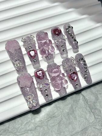 10PCS Cartoon Cute Pink Smoothie Nail Art Bow Bear Star Bling Fake Nails Pink Sweet Girly Girl Handmade Wear Nails Press On Nails/Coffin Nails/Press On Nails Long/Nail Supplies (1 Sheets Jelly Stickers+1PC Nail File)