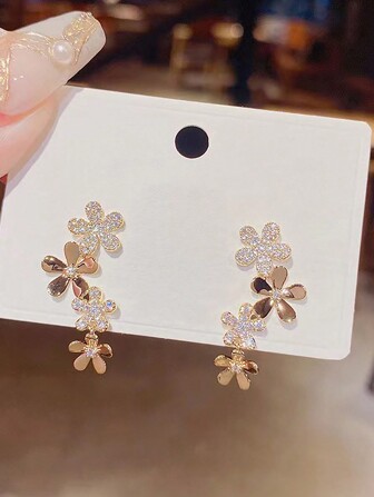 1 Pair Chic Multi-Flower & Tassel Rhinestone Decor Earrings For Women Valentines