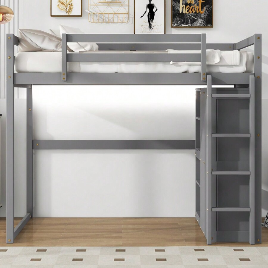 Wood Full Size Loft Bed With BuiltIn Wardrobe And Storage Shelves, Led