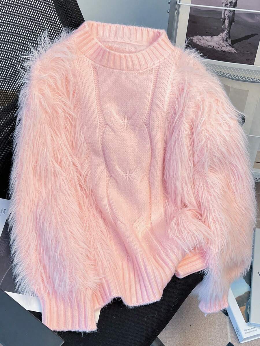 New Fashion Stand Collar Fuzzy Embellished Long Sleeve Sweater For Spring Autumn Pink - Pink - View 1