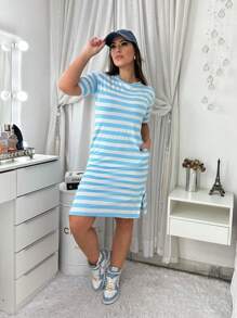 Women's Striped Midi Dress With Short Sleeves And Side Pockets And Slit - 淺藍色 - 查看 1