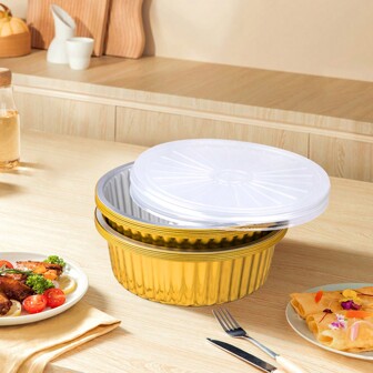 5 件套金色铝箔烤盘 2 个，圆形，可重复使用食品容器，不同容量（4000 毫升、5000 毫升），有盖或无盖，适用于烹饪、加热、储存、烘焙、备餐、烘焙工具