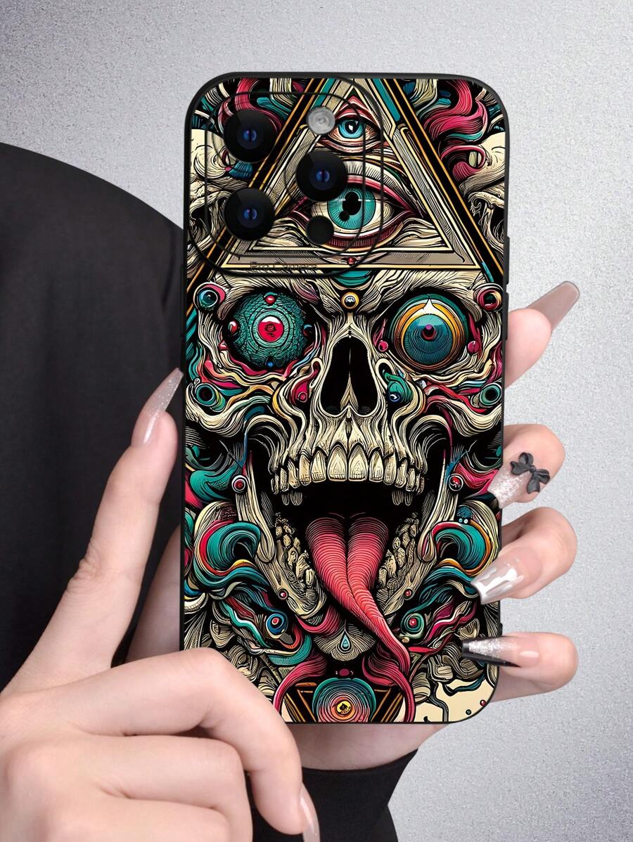 1 件流行抽象 2D 眼球怪物设计时尚骷髅与眼睛创意图形手机壳，哑光黑色柔软保护套，兼容 Apple/，是送给朋友、家人、情侣和自己的完美礼物 - 黑色 - 查看 1