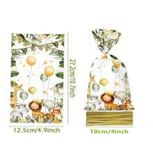 50 Pieces Jungle Animal Cellophane Treat Bags, Green Golden Safari Animal Palm Leaves Plastic Candy Goodie Bags With 50Pcs Golden Twist Ties For Wild One Safari Shower Birthday Party Favors