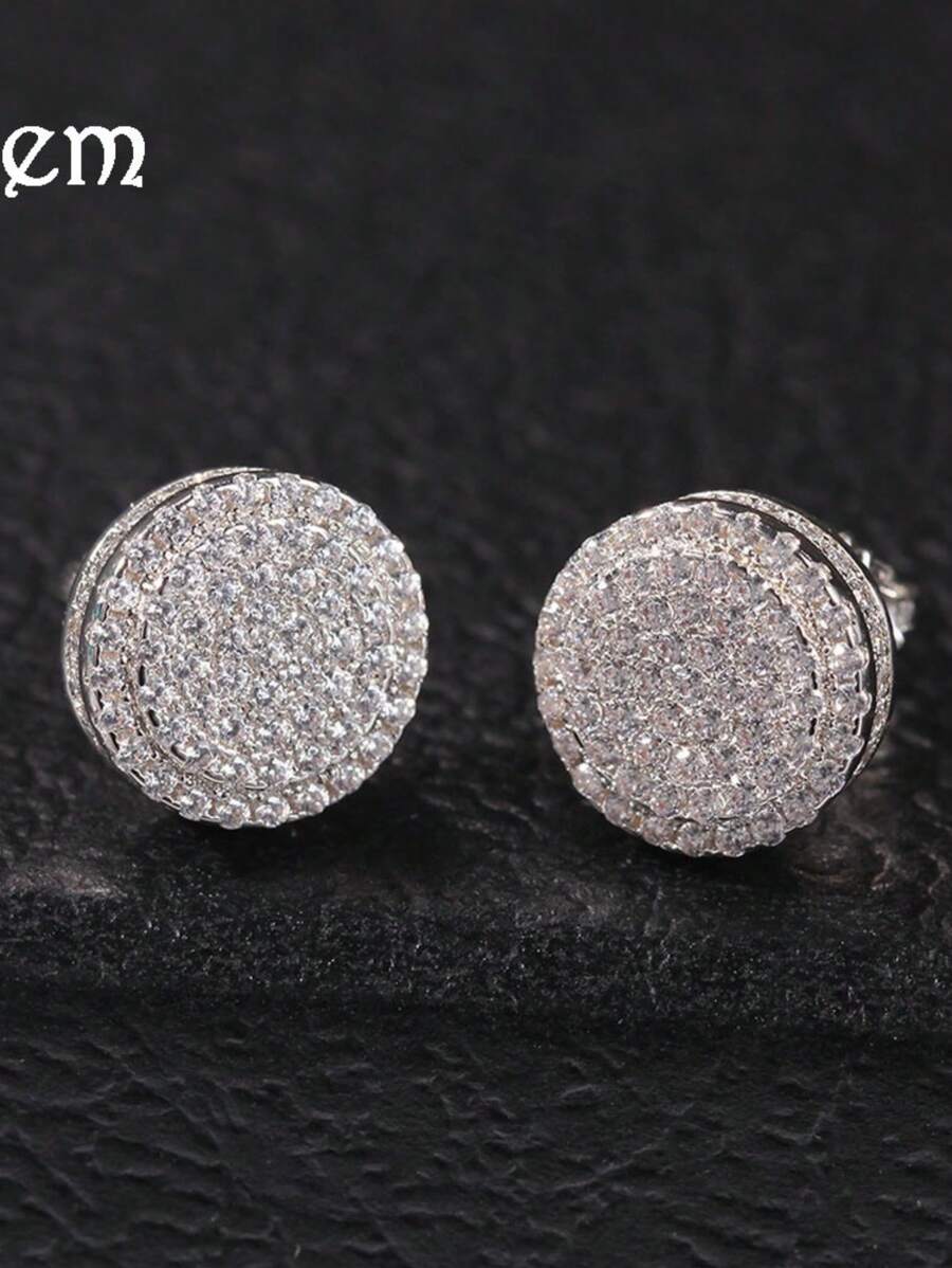 Round Silver Earring Studded With Zirconia With 40 Stones Men's Unit 925 Silver Plated In 18k Gold - 銀色 - 查看 1