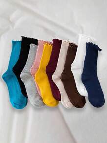 7 Pairs/Set Women Socks Solid Color Ruffle Hem Women Crew Socks, Fashionable For Daily Wear, Random Color Dispatch - Multicolor - View 7