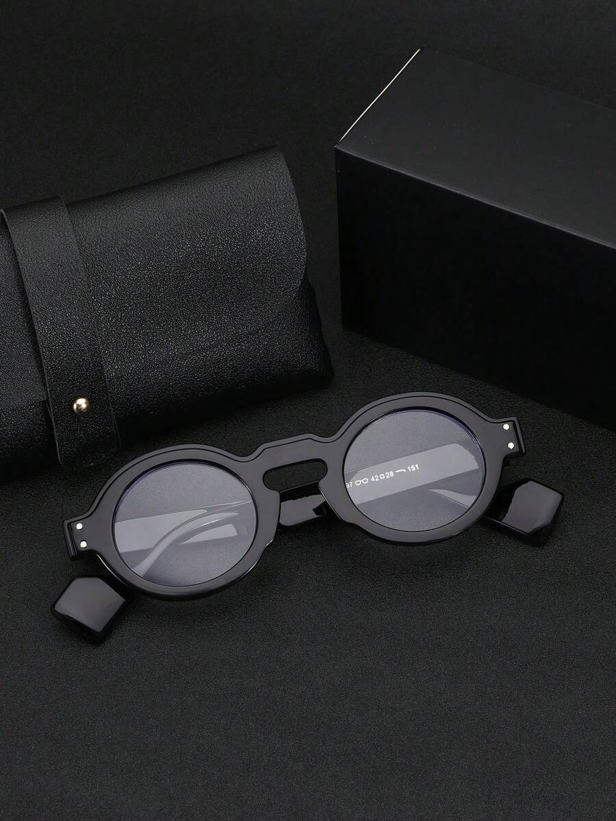 1 副复古时尚圆框铆钉装饰男士眼镜，适合电脑使用、造型、日常佩戴，配有优雅皮盒 - 無色 - 查看 1