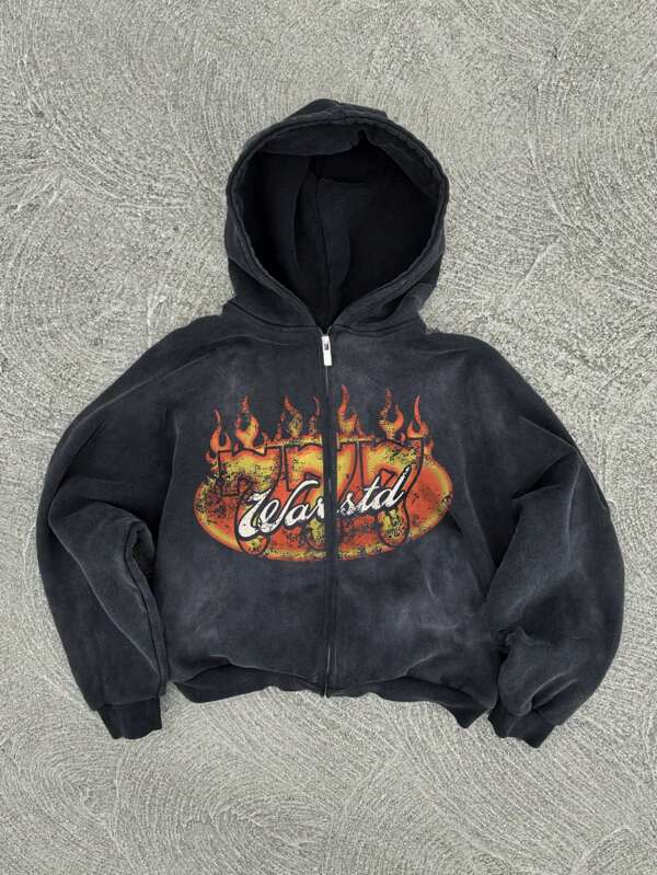 Retro 777 Letter & Number Print Zipper Stand Collar Hoodie Sweatshirt For Men, Spring & Autumn