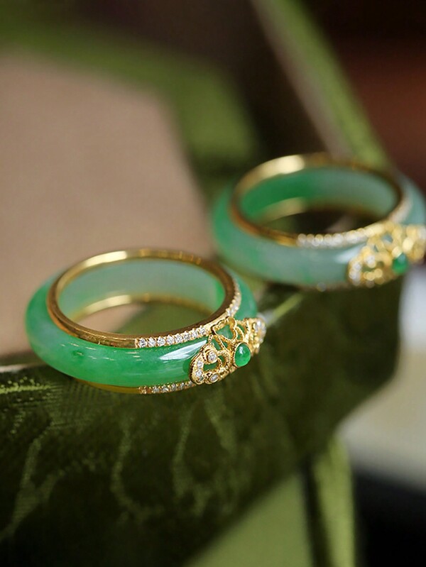 1pc Women's Natural Green Agate Adjustable Open Ring, High-End Green Jade Stone Ring Suitable For Ladies Banquet, Holiday Party, Mother's Day Gift