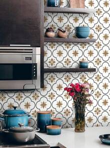 1 peça, fácil de descascar e colar, à prova d'água, papel de parede decorativo para cozinha à prova de óleo, papéis de parede de vinil autoadesivos com flores europeias, perfeito para reforma de casa, gabinete de backsplash de cozinha, marrom/azul/branco 11,81*47,24 polegadas