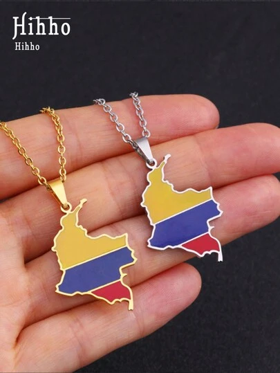 Hihho 1 chiếc vòng cổ mặt dây chuyền bằng thép titan hình bản đồ Colombia, vòng cổ đôi bằng thép không gỉ Unisex, thích hợp để đeo hàng ngày, quà tặng ngày lễ