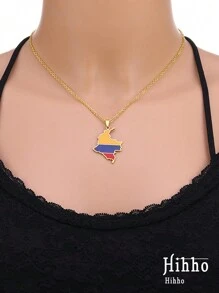 Hihho 1 pièce Collier pendentif en acier de titane avec carte de Colombie, collier avec chaîne en boîte plaqué or 18 carats, collier unisexe en acier inoxydable pour couple, convient pour un port quotidien, cadeau de vacances
