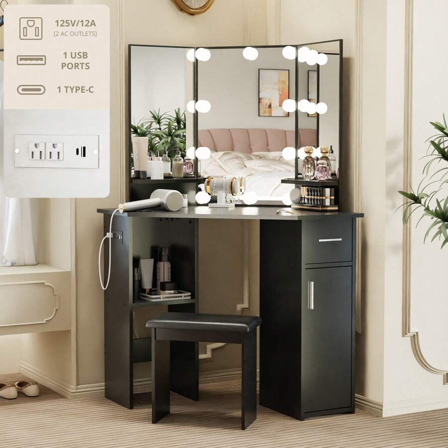 GladGrid Corner Vanity Desk With Mirror And Lights, Bedroom Makeup