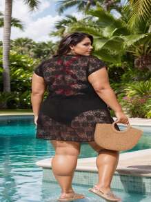 Plus Size Beach Cover-Up With Drawstring At The Waist, Beach Sarong All In Fishnet Lace, Closed At The Front, Short Sleeves, Large Size From 46 To 60 - Black - View 9