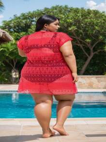Plus Size Beach Cover-Up With Drawstring At The Waist, Beach Sarong All In Fishnet Lace, Closed At The Front, Short Sleeves, Large Size From 46 To 60 - Red - View 2