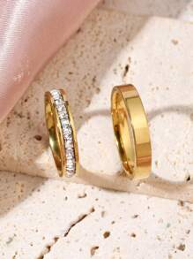 2 件/套精致简约不锈钢 18k 镀金情侣戒指，1 排超闪亮方形钻石女式戒指，4 毫米男式戒指，配蓝色皇冠求婚戒指盒，适合求婚结婚戒指情侣戒指，适合情侣日常佩戴 - 金色 - 查看 67