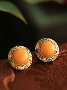 1 chiếc bông tai tráng men mây may mắn móc sáp ong tự nhiên, phụ kiện bông tai ngọc bích vàng phong cách Trung Hoa, phù hợp cho phụ nữ đeo hàng ngày, lễ hội, tiệc tùng, quà tặng Ngày của Mẹ - trái cam - Xem 1