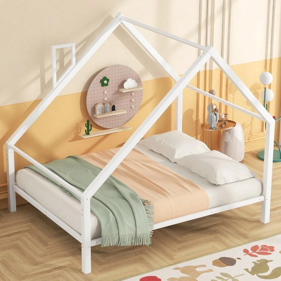 Full Size Metal House Platform Bed With Roof And Chimney, White SHEIN USA
