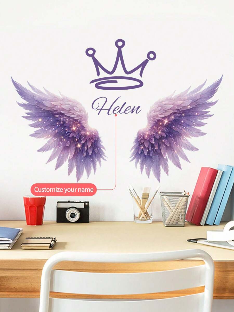 1 Stück 30 x 120 cm Wandaufkleber mit individuellem Text, rosa, lila, grüne Feder Flügel Dekoration Malerei, Heim Wand, Wohnzimmer, Schlafzimmer Verschönerung Dekoration selbstklebend, PVC abnehmbar