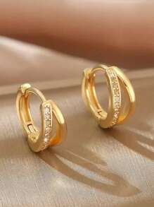 1 cặp bông tai vòng tròn nhỏ hình học Cubic Zirconia tối giản bằng đồng, thiết kế mặt cười sang trọng, thích hợp để đeo hàng ngày và làm quà tặng cho phụ nữ - Vàng - Xem 6