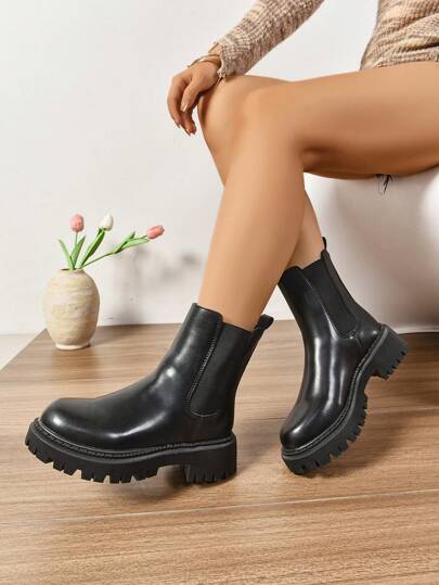 Botas femininas casuais, bico redondo, sola grossa, elásticas, estilo Chelsea, botas curtas