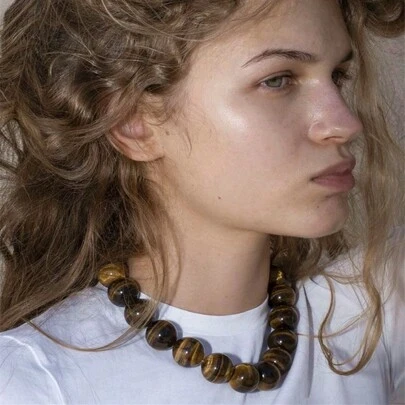 1pc 12mm Tiger Eye Bead Necklace, Women Fashion Minimalist Accessory, New Hot Selling