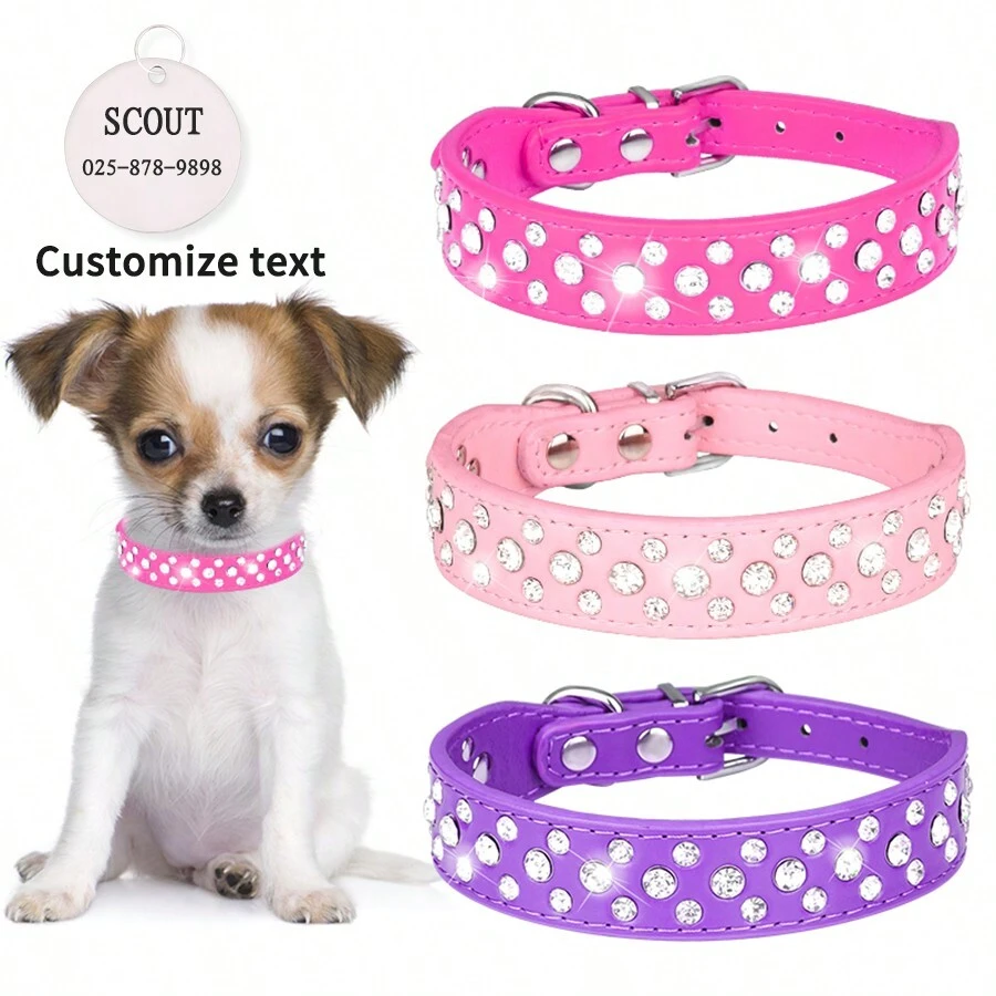 1 chiếc Vòng cổ thú cưng màu đỏ hồng tùy chỉnh được khảm đá giả màu trắng, Vòng cổ thú cưng mềm mại và thoải mái, Có thể tùy chỉnh theo tên thú cưng, thông tin liên lạc, địa chỉ và thông tin khác, Khắc chữ để tránh mất thú cưng, Thích hợp cho chó nhỏ, vừa và lớn - Màu tím - Xem 1